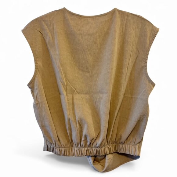 Minimalist Tan Draped Sleeveless Top | Elastic Back Hem | Modern Hong Kong Style - Picture 3 of 3
